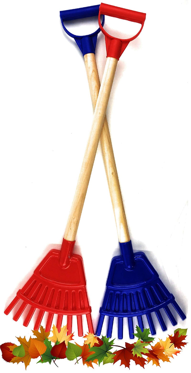 Matty's Toy Stop 30.5" Heavy Duty Wooden Kids Lawn Rakes with Plastic Rake Head & Handle (Red & Blue) Gift Set Bundle - 2 Pack - Image 1